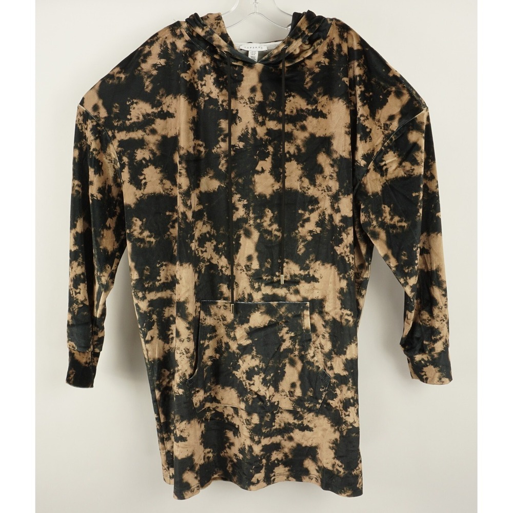 New Topshop Women Size 10 Black Tan Velour Tie Dye Sweatshirt Hoodie Mini Dress